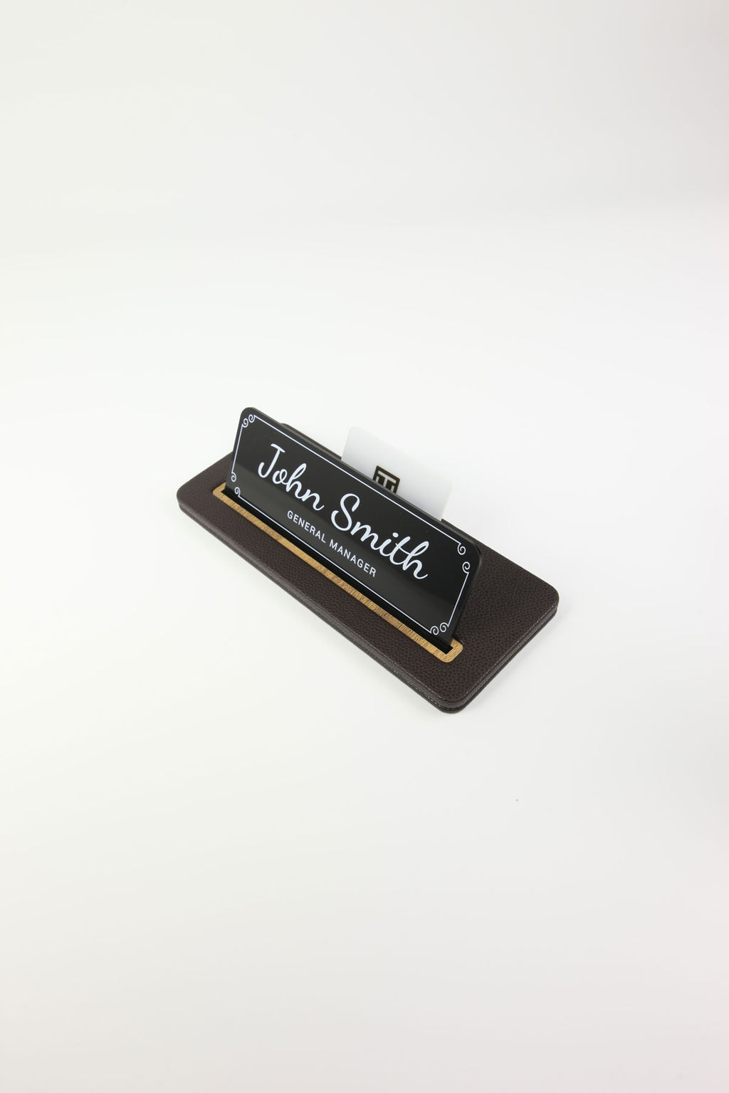 Leather Desk Nameplate Black Wood Detail - Nameplate and Business Card Holder