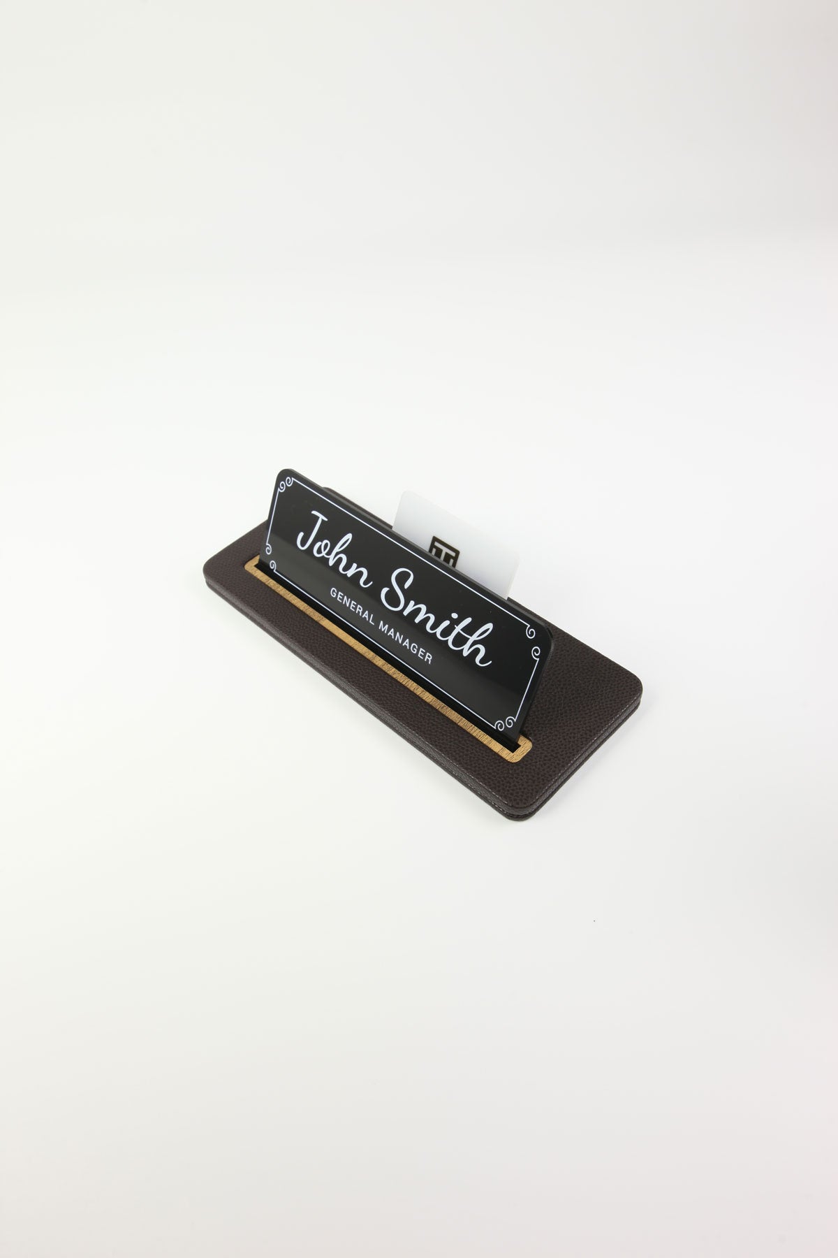 Leather Desk Nameplate Black Wood Detail - Nameplate and Business Card Holder