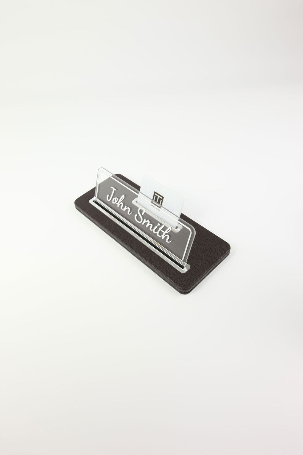 Leather Desk Name Holder Black Chrome Detailed - Name Holder and Business Card Holder