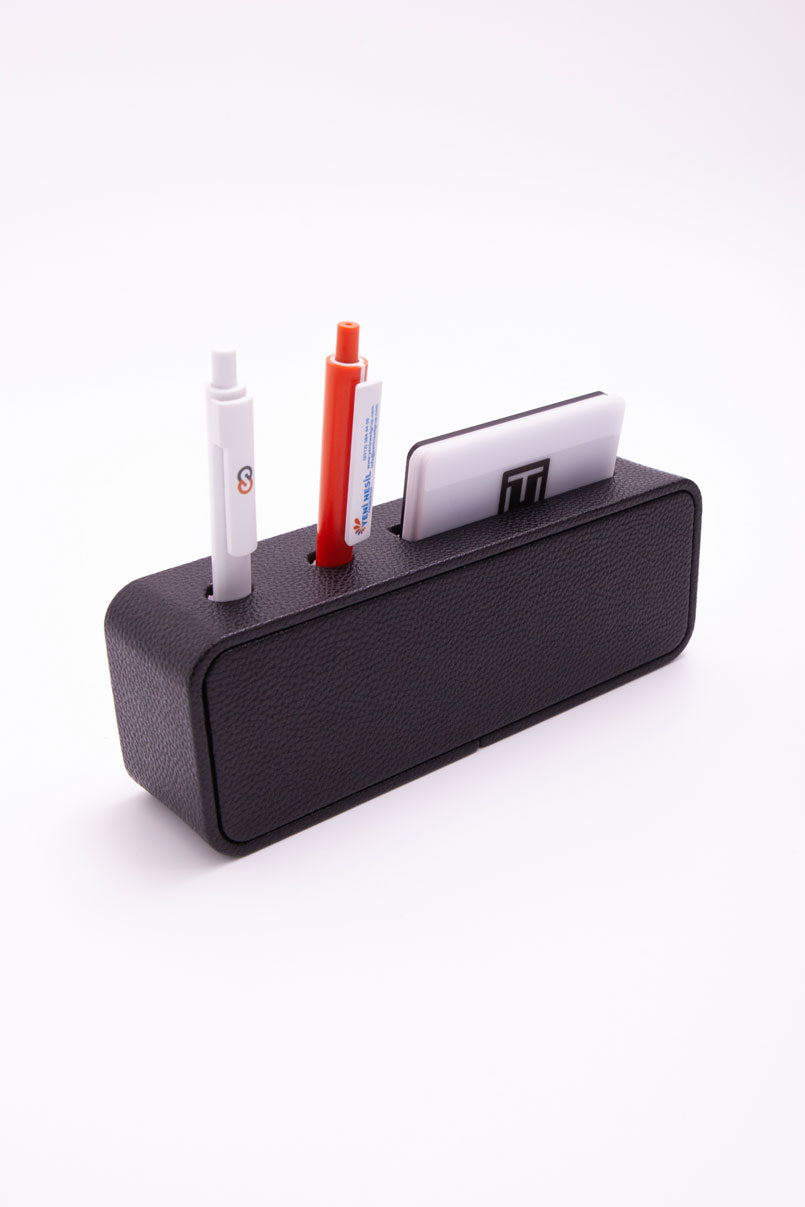 Leather Desk Name Holder with Black Pen and Business Card Holder, Black Plate