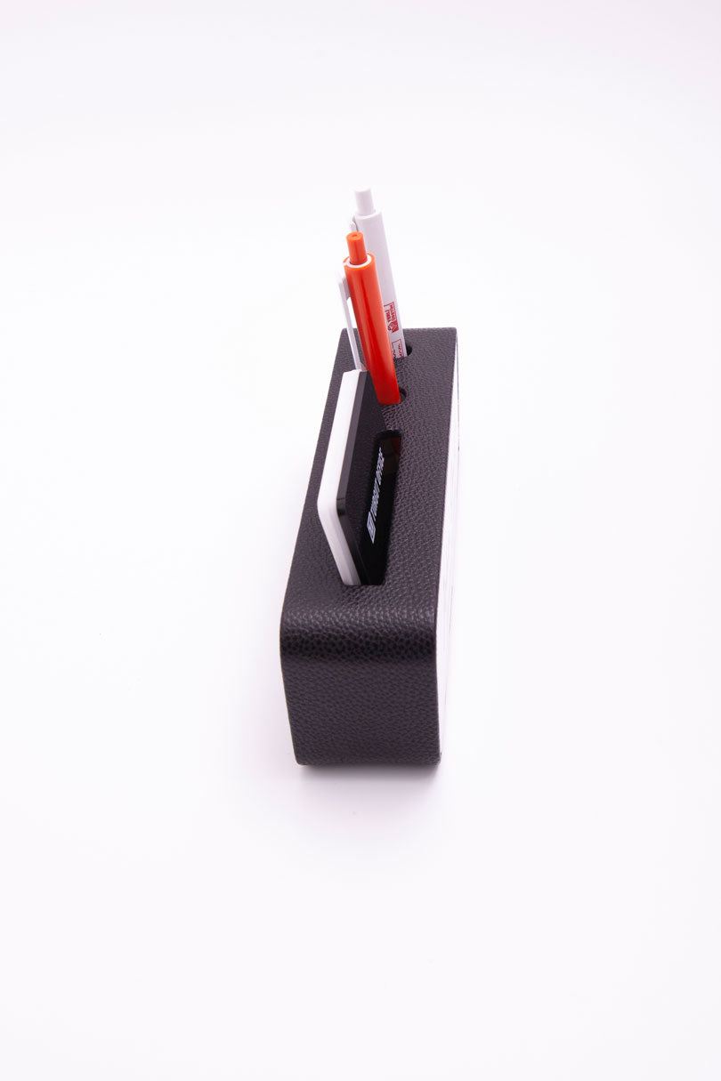 Leather Desk Nameplate with Black Pen and Business Card Holder, White Plate