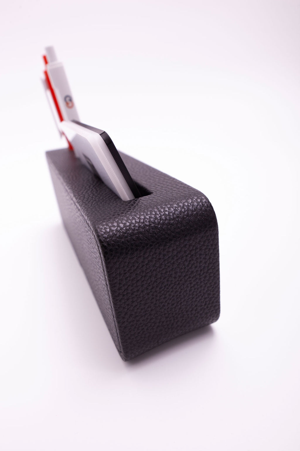 Leather Desk Name Holder with Black Pen and Business Card Holder, Black Plate